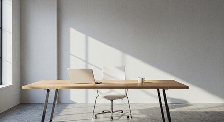 Minimalist modern office interior, natural lighting, soft shadows,