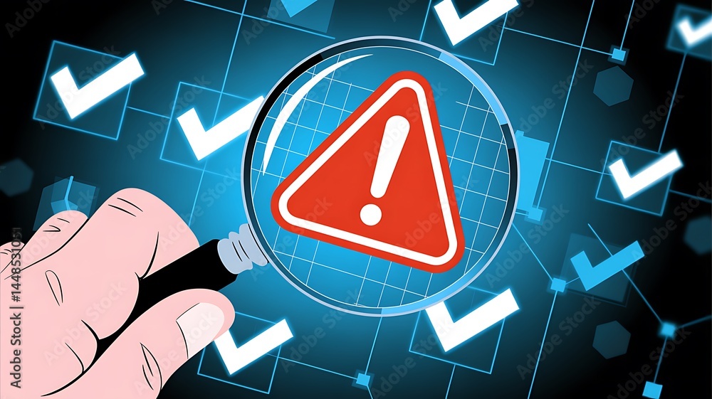 Poster error detection with magnifying glass over warning sign and checkmarks