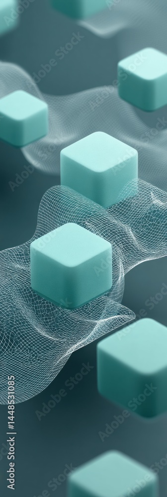Fototapete Futuristic Data Visualization Minimal Geometric Wireframe Cubes in Teal and Gray - Innovative Tech Design for Digital Transformation and AI Visualization