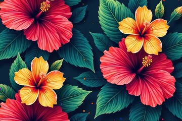 Obraz premium Bold tropical hibiscus blooms, vibrant repeating design , bright, hibiscus