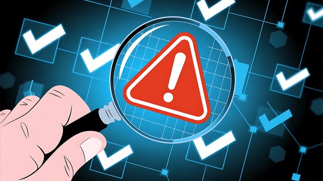 Error Detection With Magnifying Glass Over Warning Sign And Checkmarks - Powered by Adobe