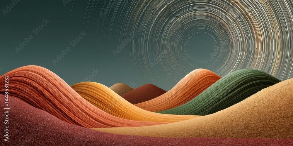 Poster celestial rhythms immersive astronomical visualization of star trails and holographic desert landsca