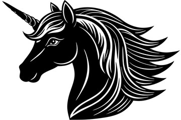 Unicorn head side profile black silhouette design with transparency on white, unicorn, head, silhouette, side profile, mythical, creature, magic, animal, fantasy, equine, horse, horn, fairytale