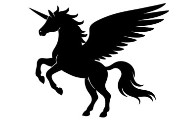 Winged unicorn rearing silhouette vector illustration on white background design, winged unicorn, alicorn, rearing, silhouette, mythical creature, horse, wing, fantasy, equine, vector, design