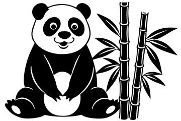 Panda sitting and leaning against bamboo silhouette vector on white background design, panda, bamboo, sitting, leaning, silhouette, vector, animal, wildlife, black, white, design, illustration