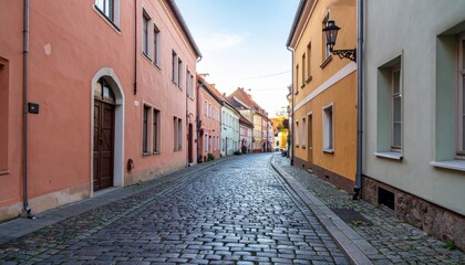 Fototapeta premium Charming cobblestone street historic town urban landscape serene atmosphere perspective view tranquil exploration