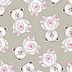 Seamless pattern with cute white teddy bears on beige background for kids design. Vector illustration