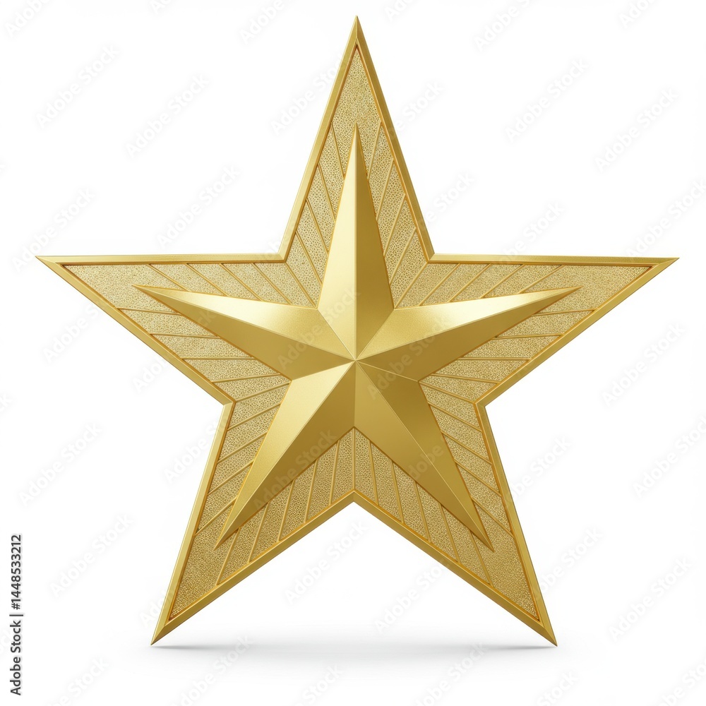 Poster a golden star with textured surface on a white background in a studio shot with shadows below