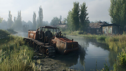 Naklejka premium Rusty tractor in a misty stream landscape