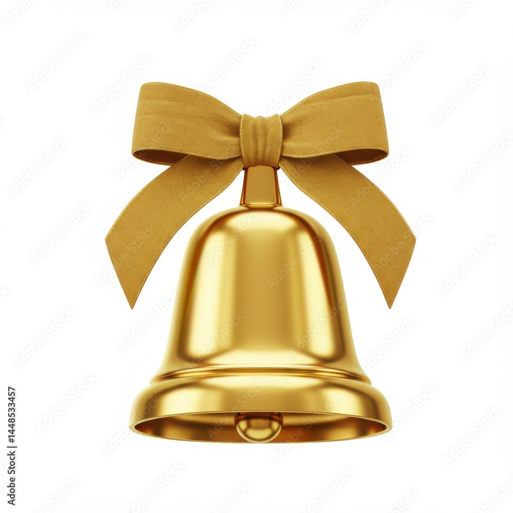 Poster a shiny golden bell with a matching bow isolated on a white background in a studio setting