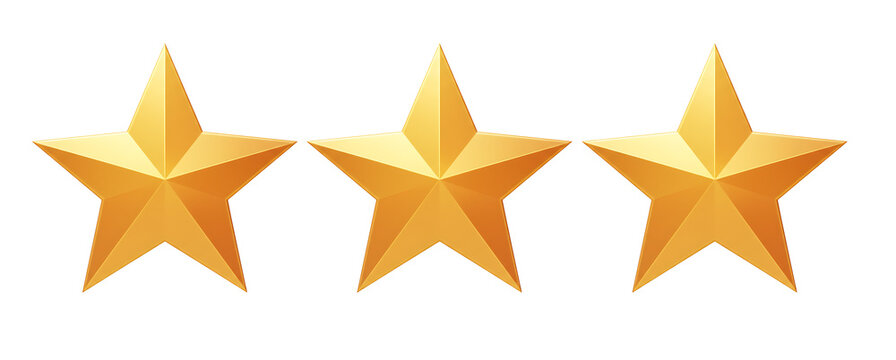 Golden three star review rating and feedback icon isolated on transparent background