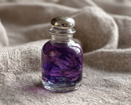 Purple swirling elixir in clear glass bottle on linen