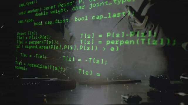 Floating green code lines drifting across workshop scene in 3D render, revealing metalworking tools