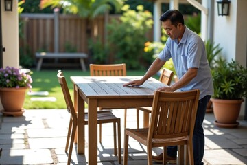 Asian Homeowner Performing Weekend Chore: Carefully Cleaning Wooden Outdoor Table on Sunny Patio
