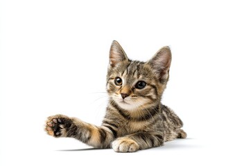 Fototapeta premium Tabby kitten playfully extends paw on a white background.