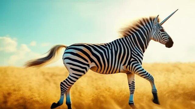 A zebra with a unicorn horn runs in a high grass field. Smooth repeating motion for background video animation