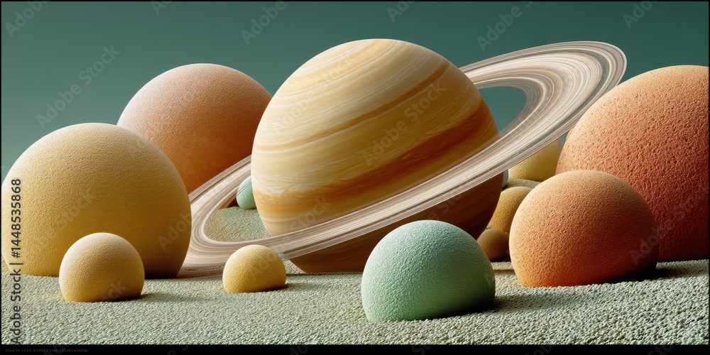 Poster Ethereal Celestial Spheres Minimalist Planetary Landscape Exploring Cosmic Design, Digital Art Innovation for Sci-Fi Visualization and Spatial Conceptualization