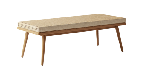 Natural rattan style wooden coffee table bench with angled legs isolated on transparent background