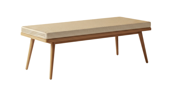 Natural rattan style wooden coffee table bench with angled legs isolated on transparent background