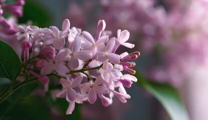 Fototapeta premium Close-up of blooming lilac flowers with soft pink hues in a tranquil garden setting.