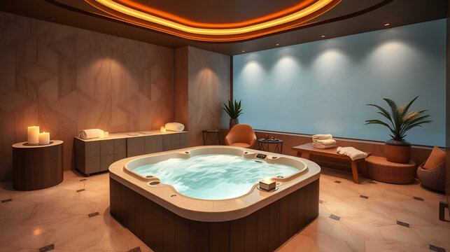A luxurious spa room featuring a bubbling jacuzzi aroma Luxurious spa with bubbling jacuzzi Relaxing spa retreat with soothing aroma Elegant spa room with jacuzzi ambiance