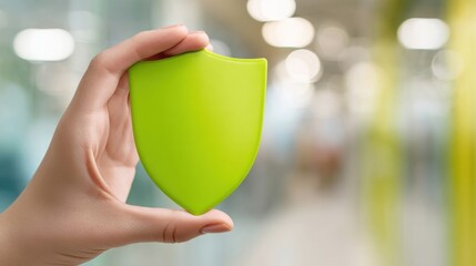 Minimalist Safety Innovation Vibrant Green Shield Symbol in Modern Workplace - Cutting-Edge Employee Protection and Wellness Visualization for Digital Era Brands