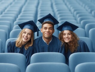 Obraz premium Inclusive Gen Z Academic Achievement Diverse Graduates Celebrating Milestone in Minimalist Blue Auditorium - Contemporary Empowerment and Educational Success Narrative