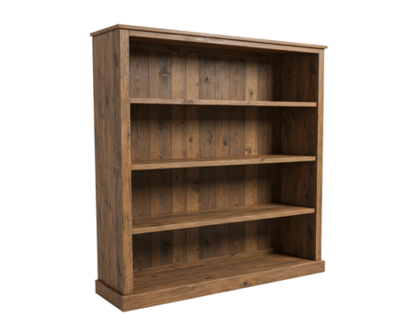 Tall brown wooden bookshelf with multiple open storage shelves isolated on transparent background