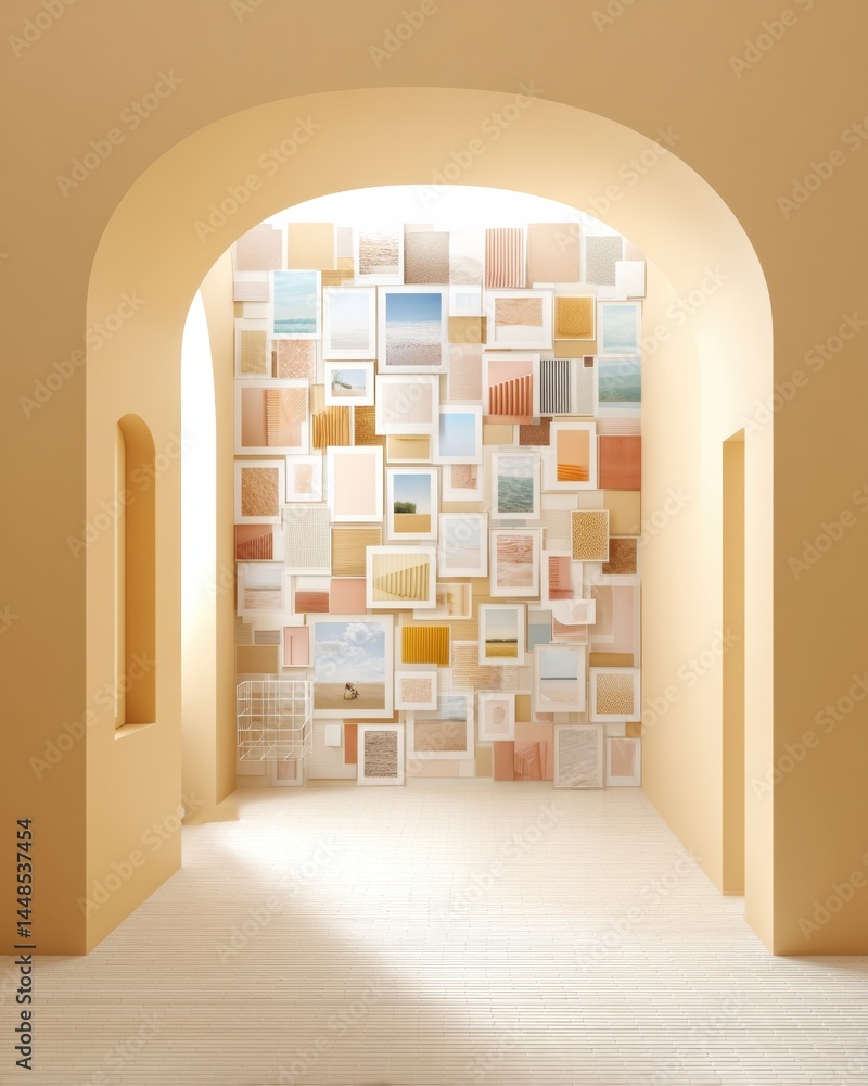 Poster minimal archival design contemporary gallery wall installation exploring modular aesthetics, soft pa