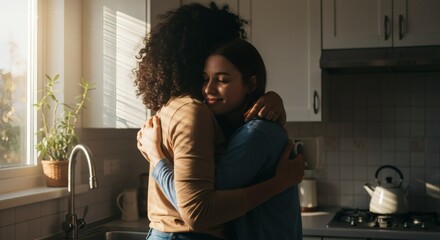 Warm Embrace in Kitchen: Two women embrace warmly in a sunlit kitchen, their bond of friendship and support radiating through a tender moment.
