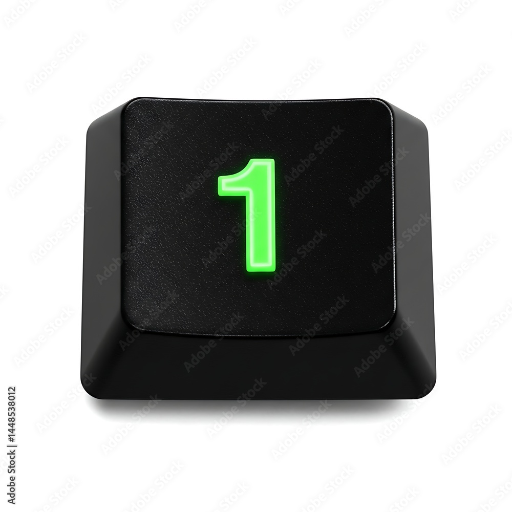 Poster close-up of a single black keyboard key with a glowing green number one