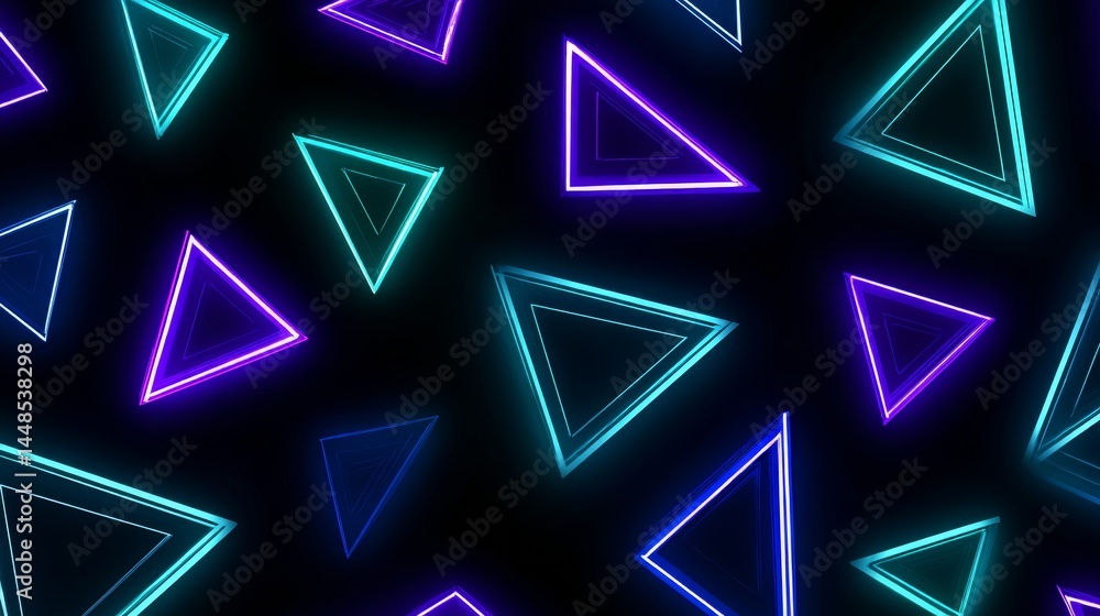 Poster neon triangle abstract background - vibrant neon triangles in blue and purple glow on a black backgr