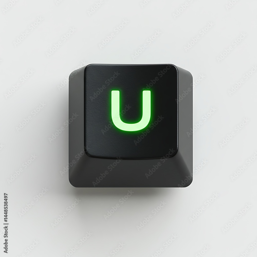 Aufkleber close-up of a single black keyboard key with a glowing green u