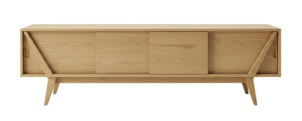 Light wood entertainment cabinet with low profile and sliding doors isolated on transparent background