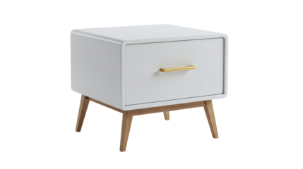 Modern white wooden nightstand with single drawer and gold handle isolated on transparent background