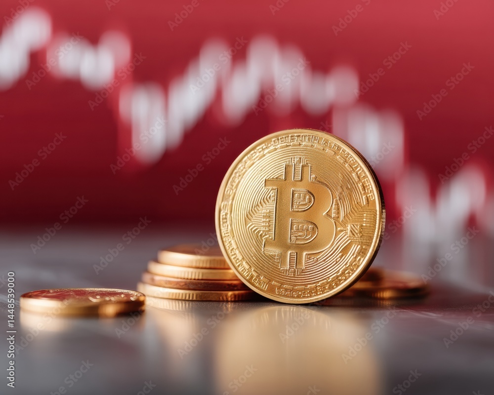 Poster crypto market volatility insight golden bitcoin against turbulent red finance backdrop - resilient i