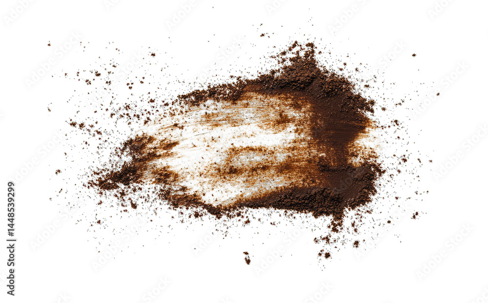 Poster a dynamic splash of brown powder resembling cocoa or coffee. artistically scattered against a black 