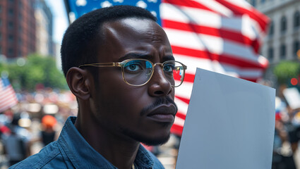 adult african american man holding blank poster, american flag on city background