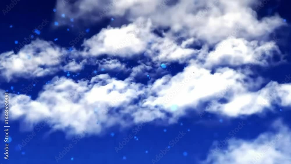 Poster flying through clouds with falling dots in slow motion