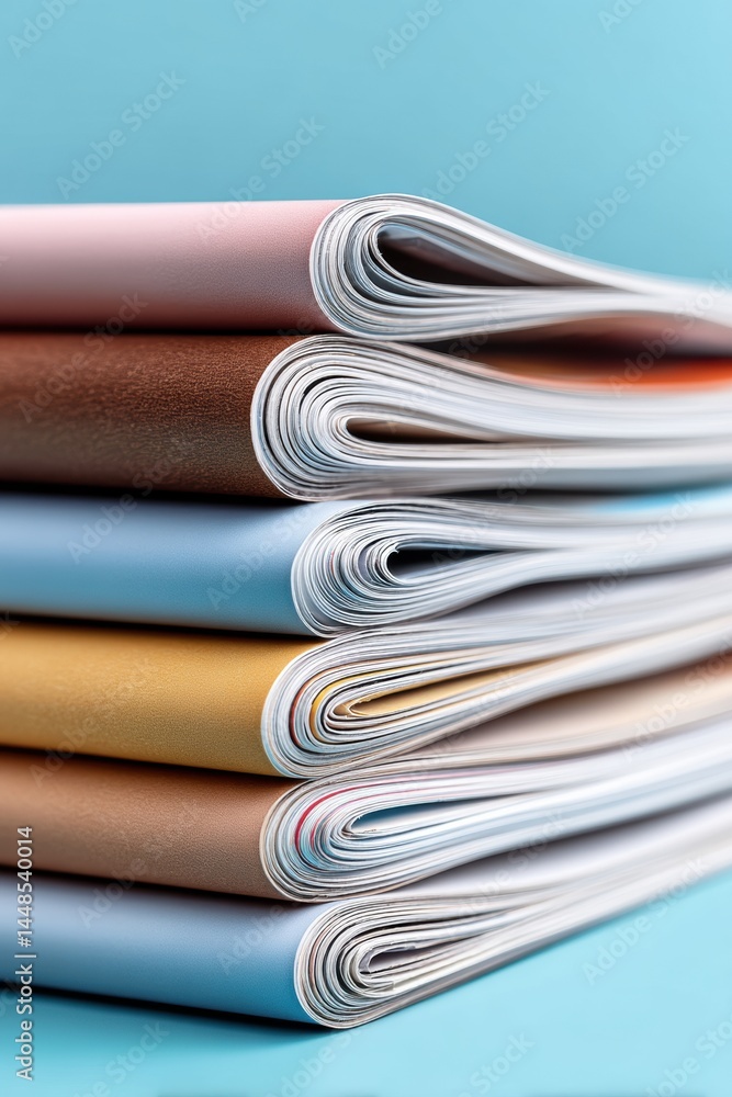 Poster minimalist media stack pastel print journalism aesthetic showcasing layered magazines in soft contem