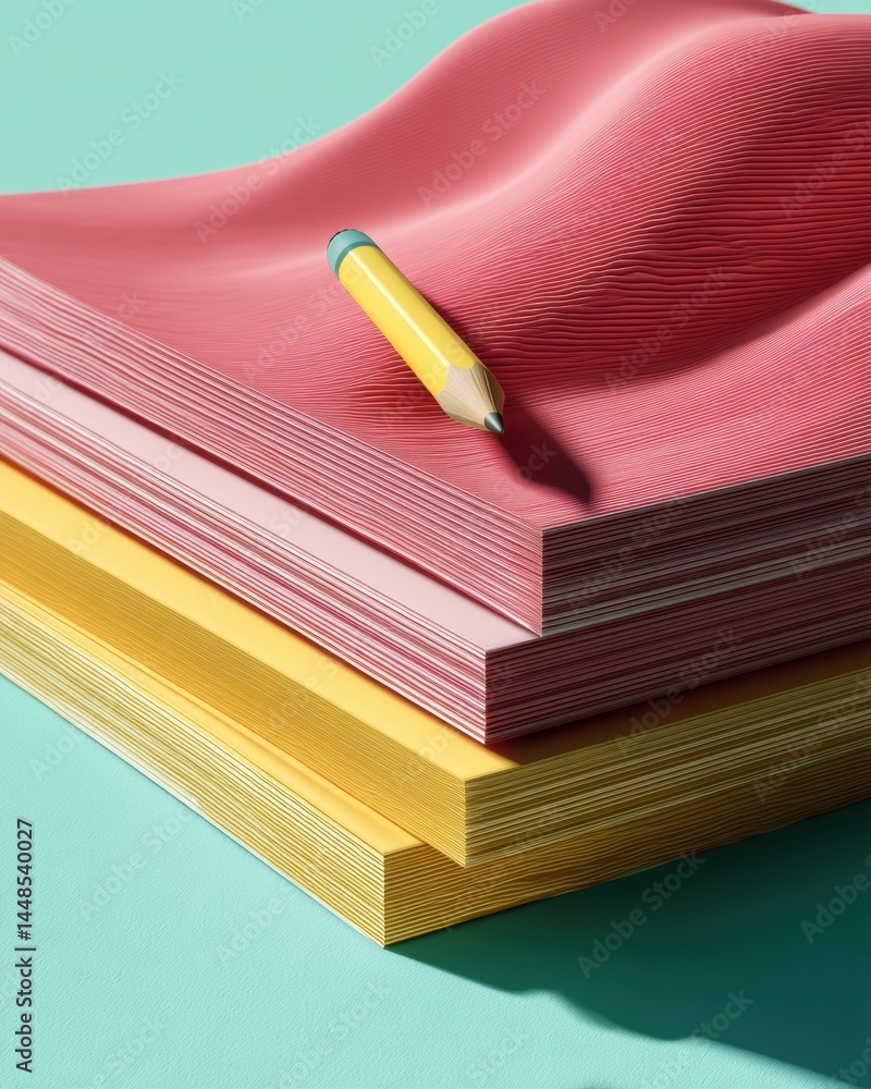 Poster chromatic creativity minimalist paper stack with vibrant pencil - modern content design and innovati