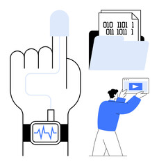 Fingerprint scanning with smartwatch displaying heart rate, binary-encoded files, and person interacting with digital interface. Ideal for technology, healthcare, biometrics, data security