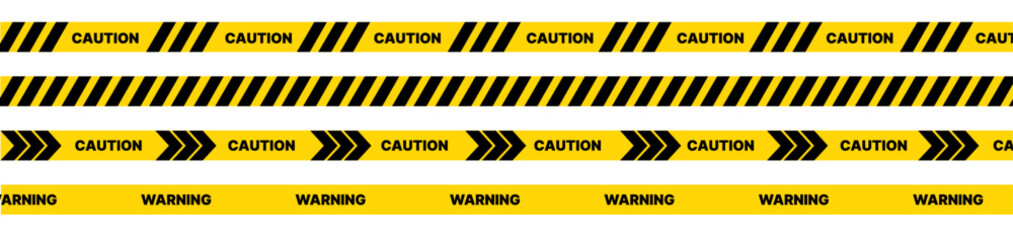 Yellow and black danger tape set with skull symbols for safety hazard zones roads and construction. Includes caution ribbons warning lines for police accidents and construction. Vector on transparent.