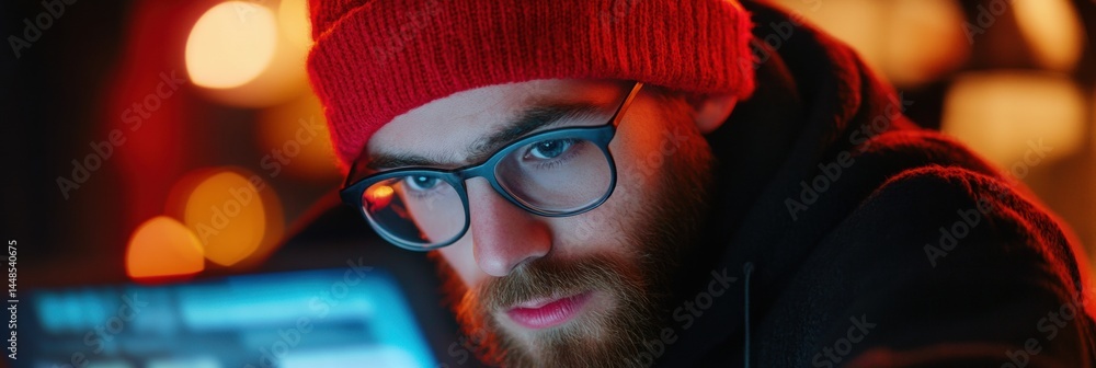 Poster hyper-focused digital native immersive tech experience of young professional in vibrant urban nights