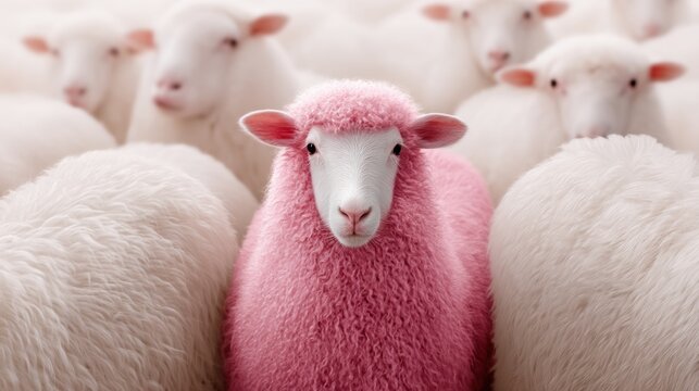 Stand Out in the Crowd Disruptive Pink Sheep Metaphor for Innovative Branding, Unique Marketing Strategies and Digital Transformation Concepts