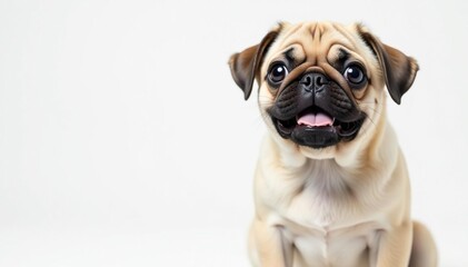 Playful pug looking directly at camera, pure white backdrop, brown, domestic, direct gaze