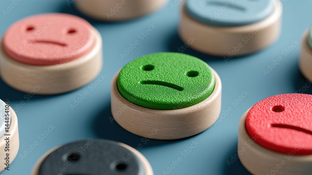 Aufkleber Minimalist Emotion Rating System Interactive Customer Feedback Wooden Icons in Soft Pastel Palette - UX Design Innovation for Digital Experience Measurement