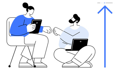 Two individuals with a tablet and laptop fist bump while discussing ideas. Ideal for innovation, teamwork, digital collaboration, professional growth, remote work, strategy, simple landing page