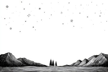 Obraz premium Starry Night Mountain Landscape - Serene black and white illustration of mountains under a starry night sky, three trees in the foreground