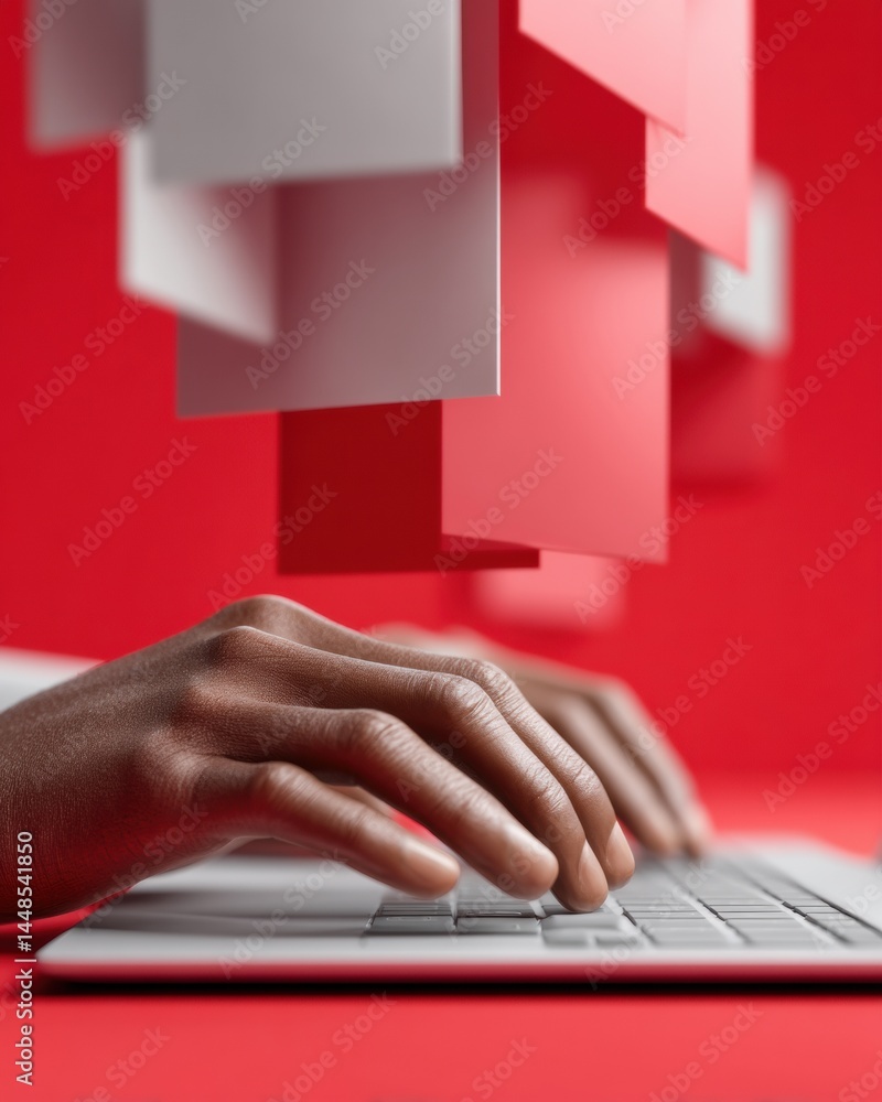 Poster Minimalist Digital Workflow Sleek Red Workspace Showcasing Productive Gen Z Professional with Ergonomic Tech Interface and Dynamic Geometric Backdrop